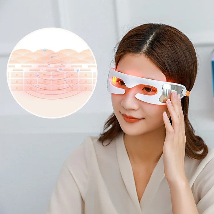 A person wears the advanced 3D LED Light Therapy Mask Eye Rejuvenation Mask Wrinkle Reduction Therapy featuring orange lights. A nearby diagram shows light particles penetrating skin layers, targeting eye rejuvenation for a youthful complexion. The scene is set in a well-lit indoor environment.