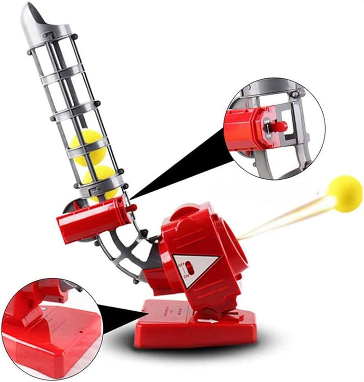 The Children Automatic Tennis Ball Serve Machine Interactive Boys Baseball 2 in 1 Ball is perfect for outdoor entertainment, featuring a shooting mechanism that launches yellow foam balls. It comes with a red toy ball launcher equipped with a rotating base and spring-loaded barrel, complete with close-up details of the trigger handle and launching mechanism.