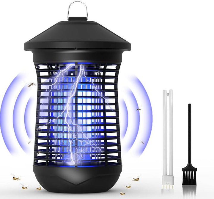 The black Mosquito Killer, Trap for Flies, Insect Killer, Bug Zapper emits UVA light to lure small flying insects and comes equipped with a convenient hanging hook on top. A replacement bulb and cleaning brush accompany the device.