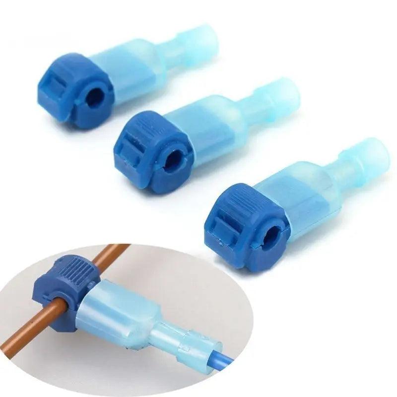 Above a close-up image of one connector attached to a brown wire, three Electrical Wire Connectors are displayed. These CE certified quick splice wire connectors ensure easy and safe splicing. They feature a translucent blue body with a darker blue rotating clamp for secure wire splicing.