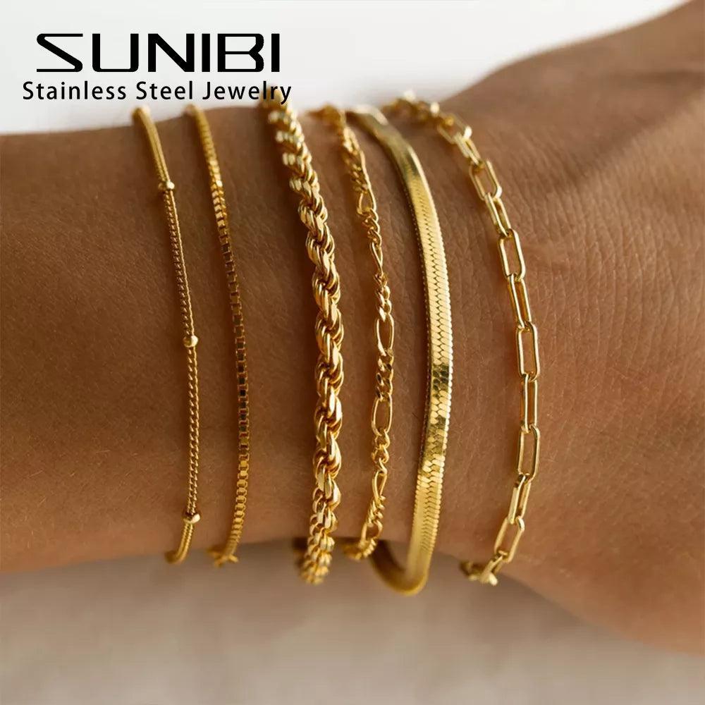 "Snake chain bracelet" "Gold plated stainless steel bracelet" "Trendy Cuban chain bracelet"