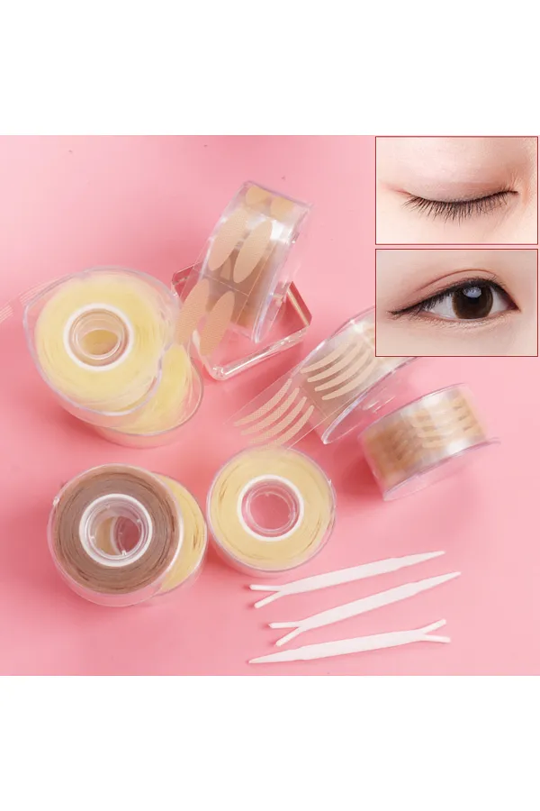 On a pink background, you'll find the Eyelid Tape Stickers Double Fold Eyelid Tape Self-Adhesive Eyelid Tape rolls and applicators, with inset images depicting an eye before and after application to create a double fold effect.