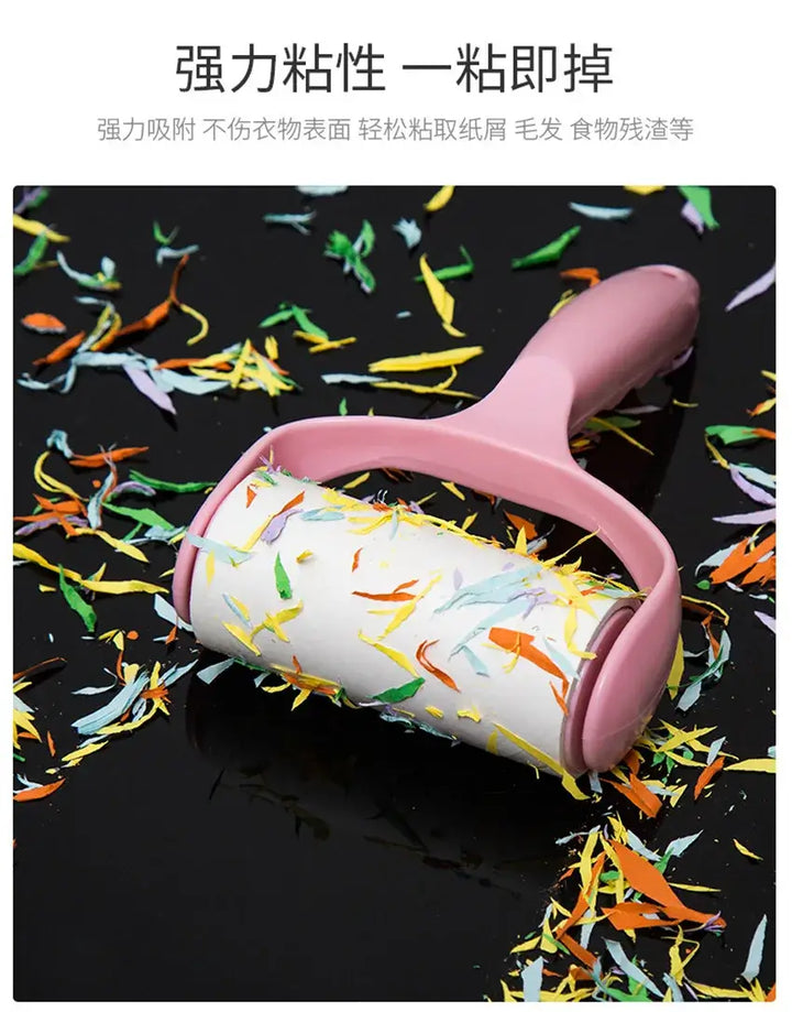 Pet hair removal roller with colorful lint on a black background, designed for easy cleaning of furniture and clothing.