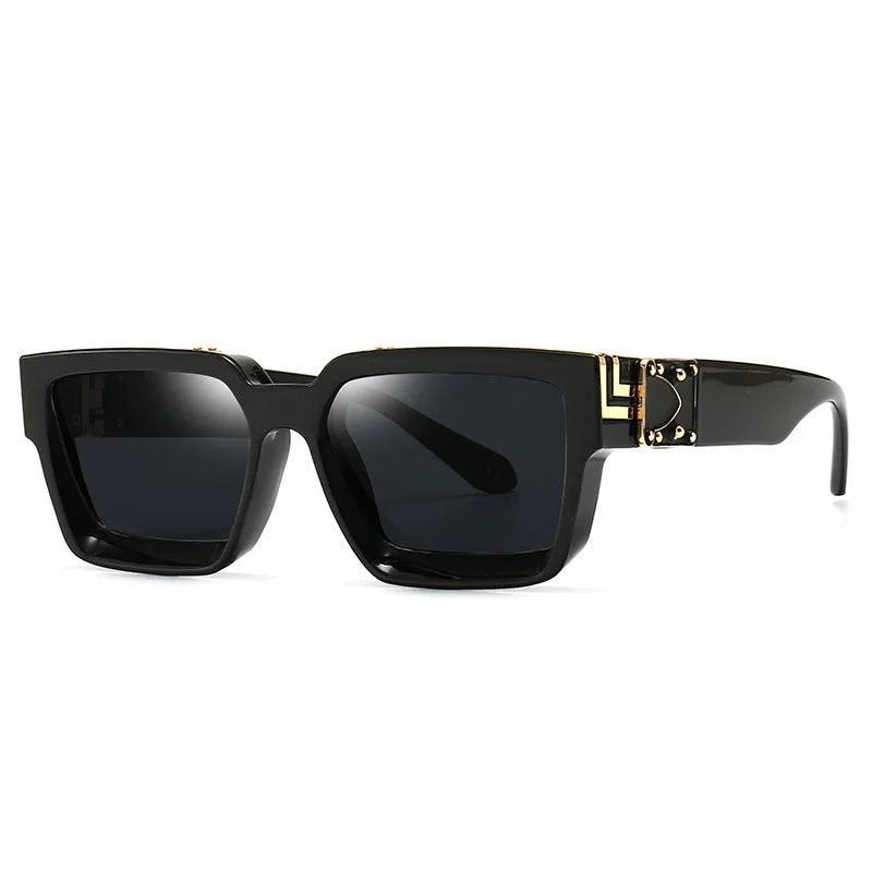 Square Men Sunglasses offer a modern and bold style with their black rectangular shape and thick frames paired with dark lenses. The temples come adorned with gold accents featuring geometric patterns near the hinges, exuding vintage luxury. These sunglasses, ideal for both men and women, also provide UV400 protection for your eyes.