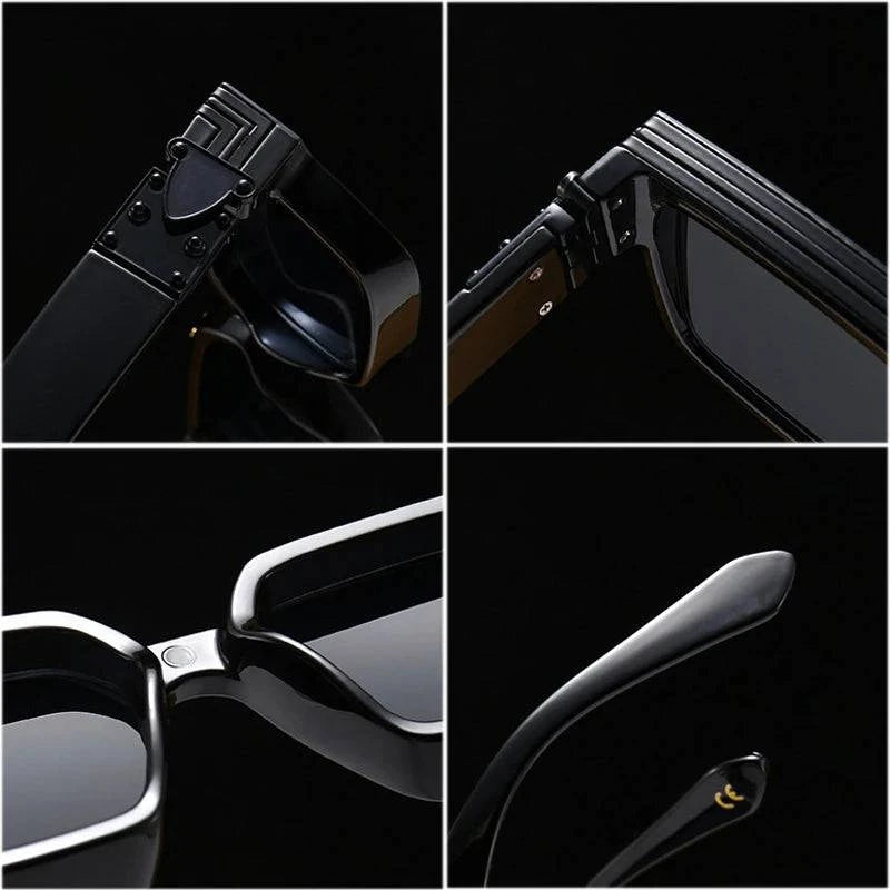 A collage of four close-up images of the Square Men Sunglasses, Vintage Luxury Women Sun Glasses Shades UV400 is displayed. Top left: elegantly designed temples. Top right: detailed hinge. Bottom left: front view highlighting the frame shape and UV400 lenses. Bottom right: curved arm tip. This chic fashion accessory is set against a black background.