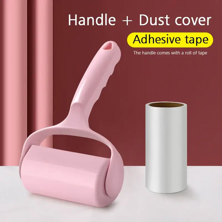 Pink washable wool roller pet hair remover with adhesive tape for cleaning furniture, sofa, clothes; handle and dust cover included.