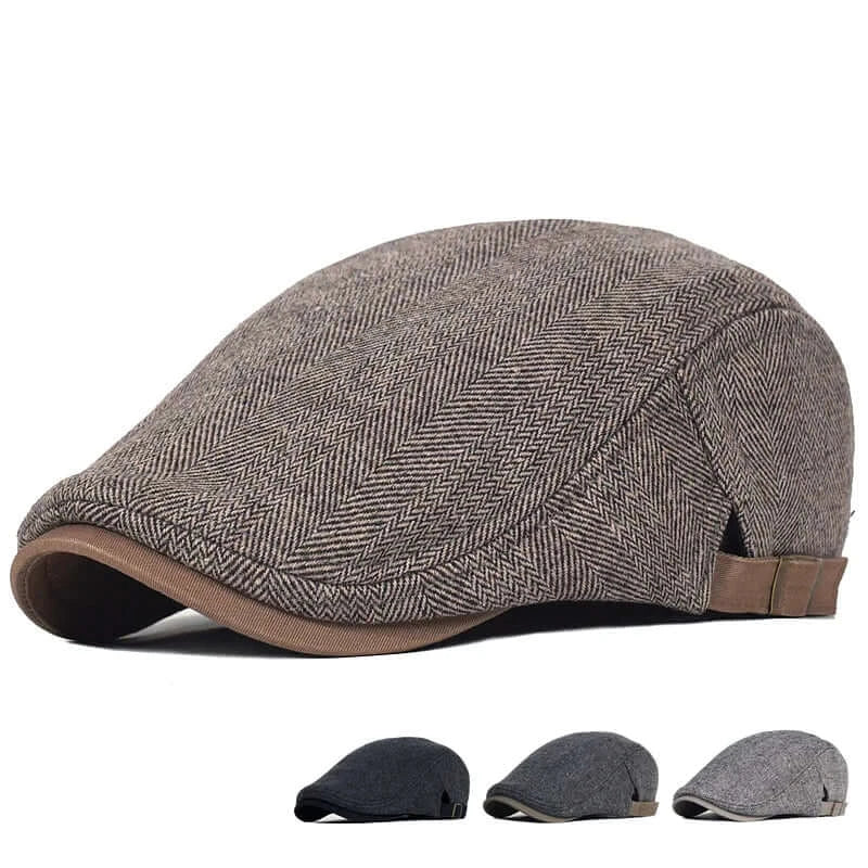 Introducing the Men Winter Wool Cap: a thick, warm vintage herringbone accessory featuring a gray design with a brown brim and adjustable strap. It's crafted from a cozy blend of polyester and wool to ensure warmth. Additionally, there are three smaller variations available in different shades of gray and black.