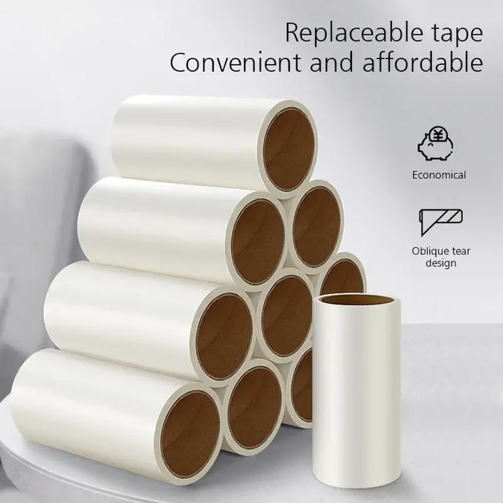 Replaceable tape rolls stacked on a table, highlighting economical and oblique tear design features for easy pet hair removal.