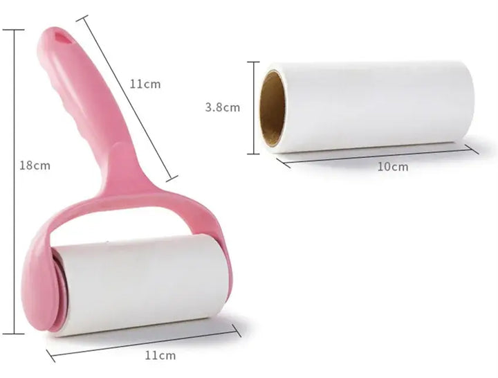 Pink washable wool roller pet hair remover with extra refill, perfect for cleaning dog cat hair from furniture and clothing.