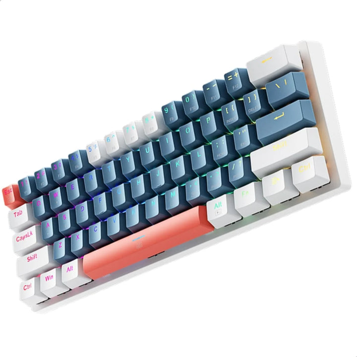 The Compact Gaming Keyboard offers an eye-catching design with a white frame and vibrant keycaps that transition from dark blue to white, highlighted by a bright red spacebar. It's hot-swappable for effortless customization and includes RGB backlighting, enhancing the striking appearance of the keyboard.