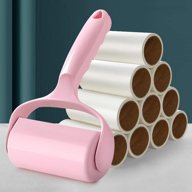 Displayed against a teal background is the "Washable wool roller pet epilator" with a handle, alongside a neatly stacked pyramid of 12 white refill rolls.