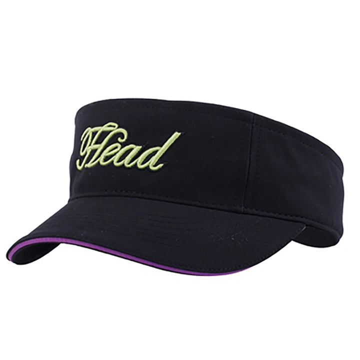 A women's black tennis sun visor cap featuring the word "Head" embroidered in green on the front, complete with a breathable design and a thin purple trim along the brim—ideal for female tennis enthusiasts.