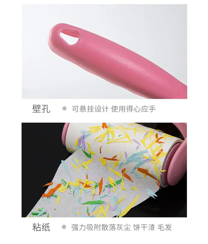 Pink washable wool roller pet hair remover with tape for easy cleaning of dog and cat hair from furniture and clothing.