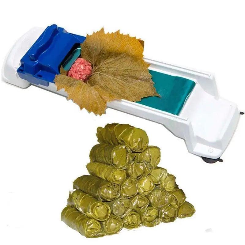 The Stuffed Grape Leaves Sushi Rolling Tool Vegetable Rolling Device, made from food-grade plastic, is displayed skillfully wrapping grape leaves around a savory meat filling. Next to it stands a pyramid of flawlessly rolled dolmas, showcasing the precision and elegance similar to sushi molds.