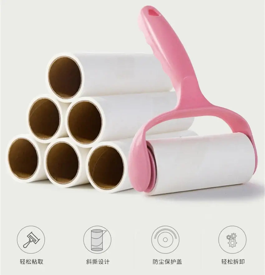 Pink washable wool pet hair roller with refills for cleaning furniture and clothing, ideal for removing dog and cat hair.