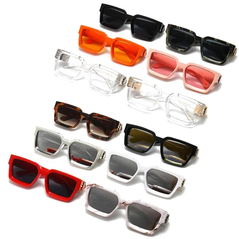 A curated selection of twelve Square Men Sunglasses, organized in four rows, showcases a variety of colors—black, orange, clear, pink, tortoiseshell, white, brown, red, and gray. These vintage luxury sun glasses offer UV400 protection for superior defense against the sun’s rays.