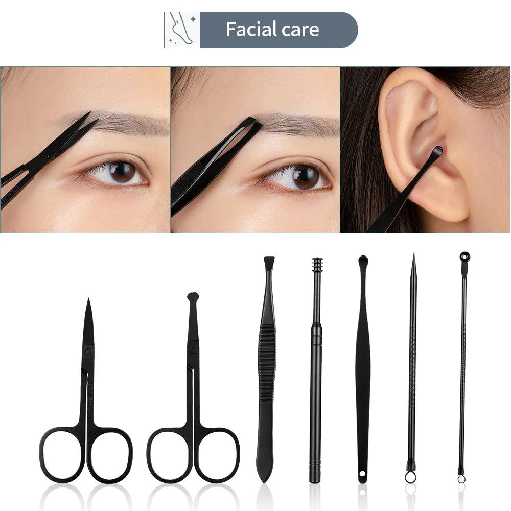 A collage highlights the use of facial care tools: scissors are used for trimming eyebrows, tweezers expertly shape brows, and an ear cleaning tool is also utilized. Below, the Nail Clipper Set Stainless Steel Manicure Kit Portable Pedicure Tools is displayed with stainless steel instruments like scissors, tweezers, ear picks, and extractors set against a plain background.