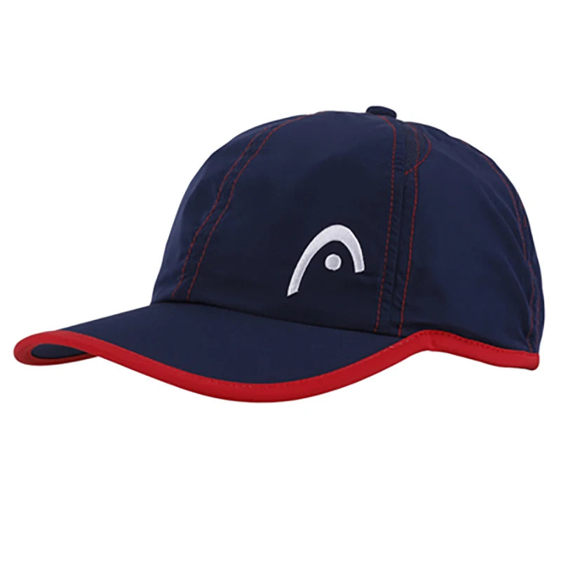 The Tennis Cap Sunshade Sun Visor Baseball Hat in navy blue is accented with red trim and a white logo on the front, featuring a breathable design and sun visor for optimal comfort.