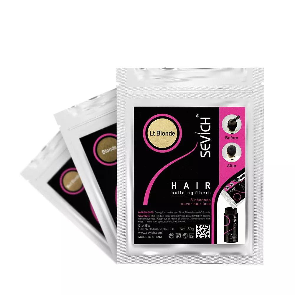 Three sachets of Sevich Hair Fibers Thicker Hair Keratin Powder in light blonde, a premium solution for hair loss. The packaging features before and after photos showcasing the natural-looking results of keratin hair fibers providing full coverage, along with instructions and product details.