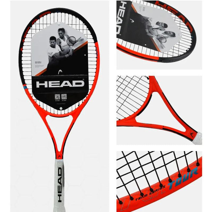 Introducing the Tennis Racket Professional Tennis Racket Carbon Tennis Padel, a perfect choice for beginners. This red and black carbon composite racket from HEAD features elegantly displayed "Tour" and "Touch" on the frame, complete with photos of two players and detailed views of the strings and frame.