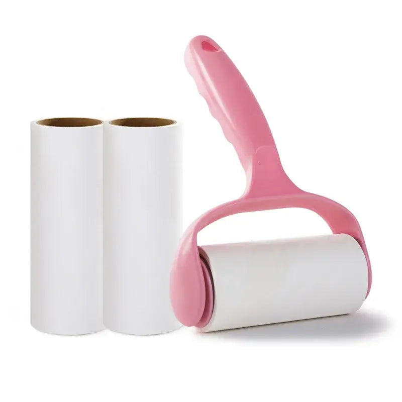 Pink washable wool roller pet hair remover with extra refills for easy cleaning of furniture, sofas, and clothing.