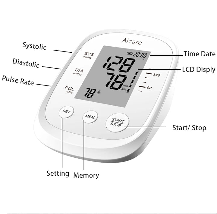 AICARE Blood Pressure Monitor Digital Tonometer Upper Arm Blood Pressure Meter Automatic BP Medical Sphygmomanometer Pulse