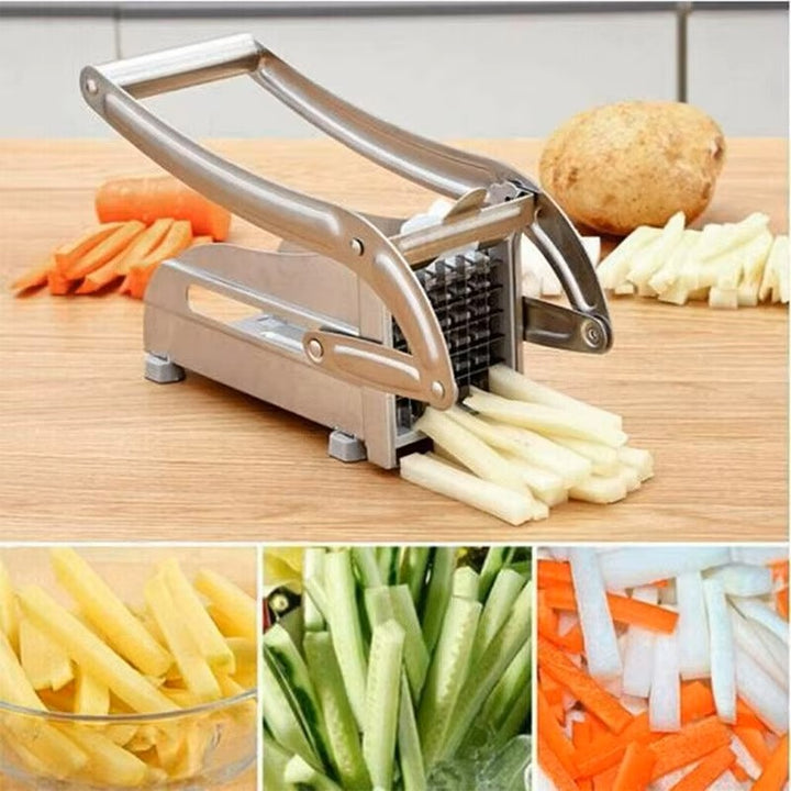 A Stainless Steel French Fry Cutter on a wooden countertop slices potatoes into fries, surrounded by whole and cut vegetables such as potato, carrot, and cucumber, highlighting its manual operation. Below, three images exhibit perfectly sliced fries and vegetables.