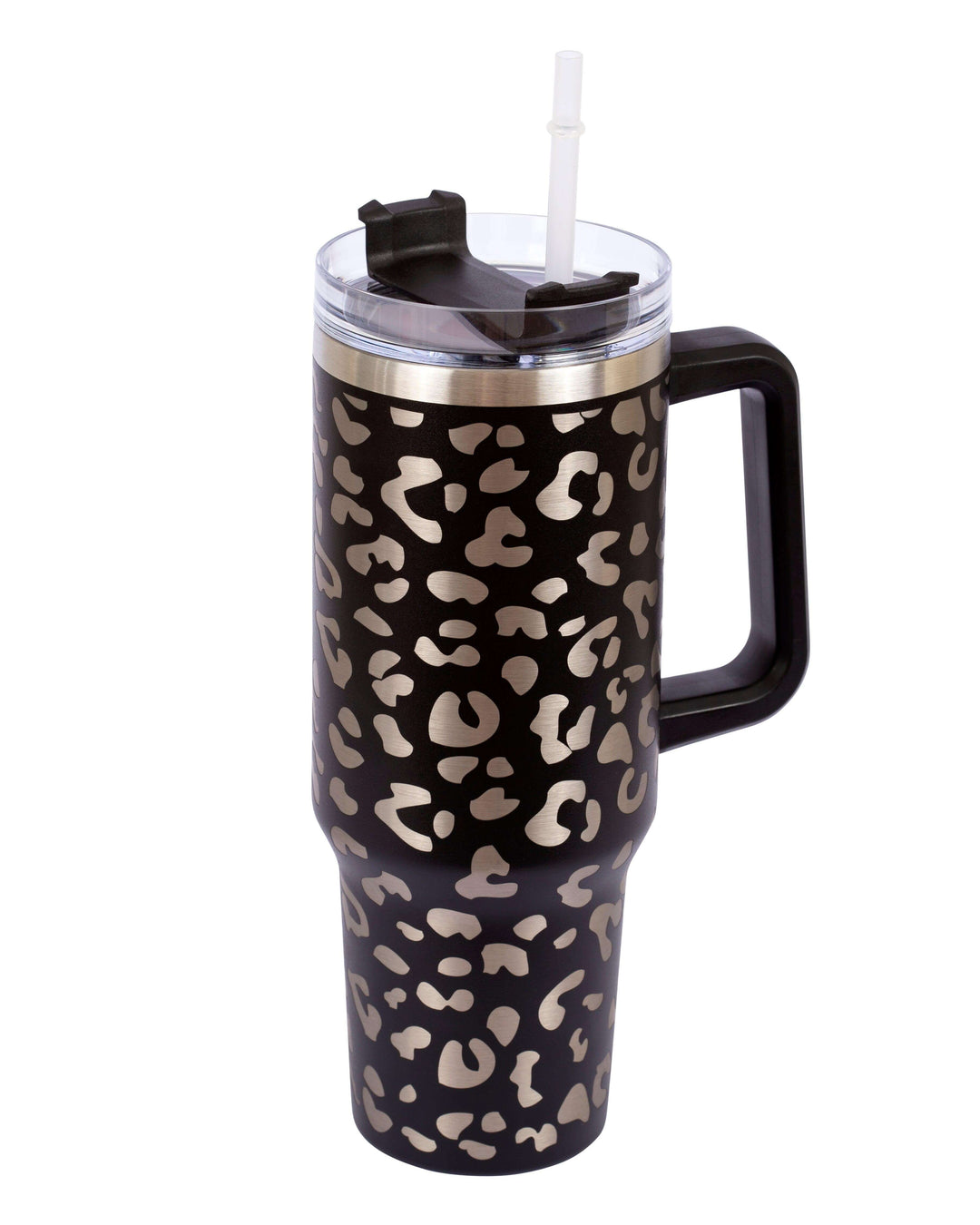 The 40oz Stainless Steel Tumbler is an insulated beverage container featuring a leopard print design and a transparent lid. This travel-friendly quencher includes a sturdy black handle and a white straw, making it an essential accessory for anyone who enjoys their drinks at the ideal temperature.