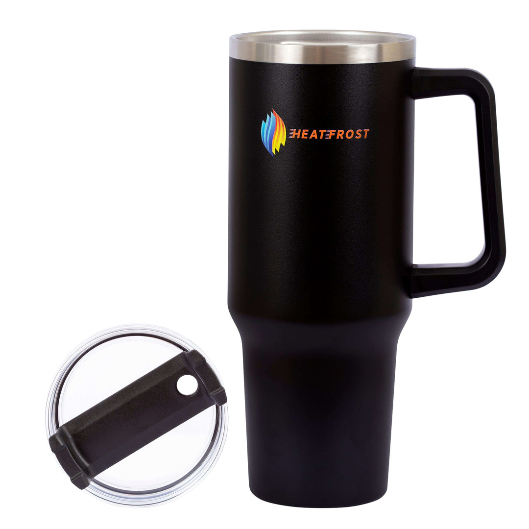 A tall black 40oz Stainless Steel Tumbler by HeatFrost, complete with a handle and the HEATFROST logo, features a sleek stainless steel rim. This travel-friendly beverage container includes a clear removable lid with a sliding cover for convenient access.