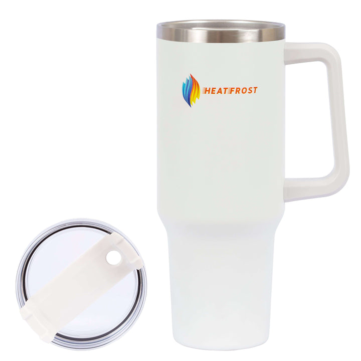 A 40oz Stainless Steel Tumbler Insulated Beverage Container Travel-Friendly Quencher in white, featuring a handle and metal rim with the vibrant logo. This tumbler comes with a removable matching lid placed alongside it.