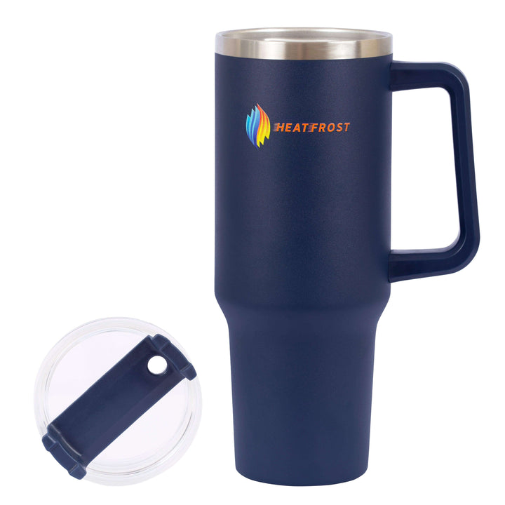 The 40oz Stainless Steel Tumbler Insulated Beverage Container Travel-Friendly Quencher is a navy blue travel mug equipped with a handle and clear lid. It prominently displays the brand's logo in vibrant orange and blue on its stainless steel surface, blending durability with style. The clear lid conveniently sits beside it.