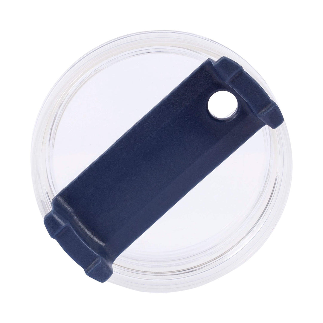 Experience the convenience of a clear plastic tumbler lid with a navy blue sliding closure, specifically designed for the 40oz Stainless Steel Tumbler Insulated Beverage Container Travel-Friendly Quencher. This circular lid includes a sliding mechanism with a small hole, making it an ideal match for your insulated beverage container.