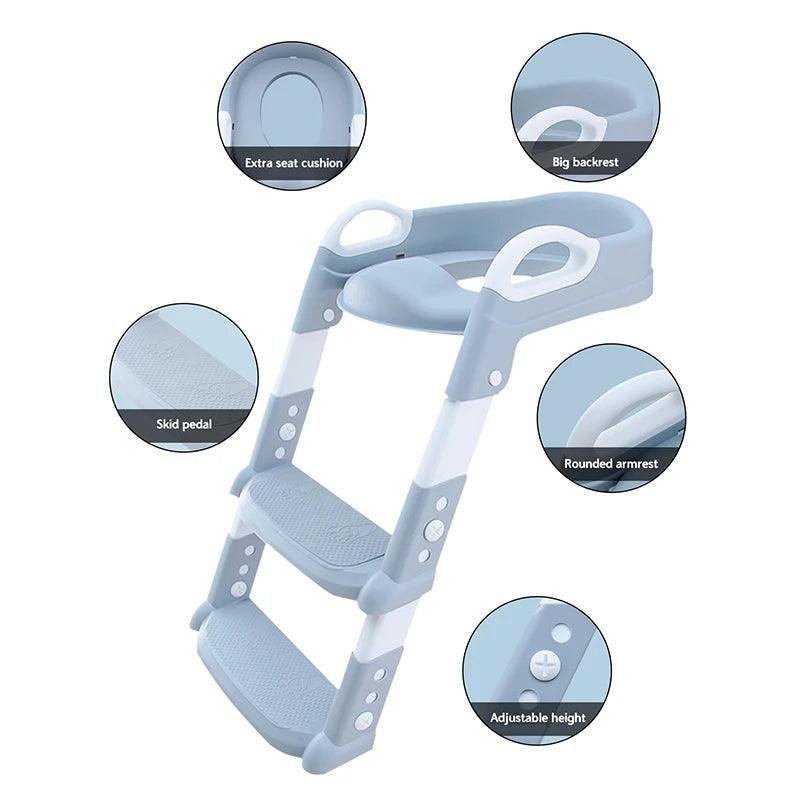 A blue and white children's toilet training seat featuring a step ladder, equipped with a big backrest, extra seat cushion, rounded armrest, skid pedal, and adjustable height. This foldable foot stool is perfect for making potty training easy and enjoyable with its versatile design.