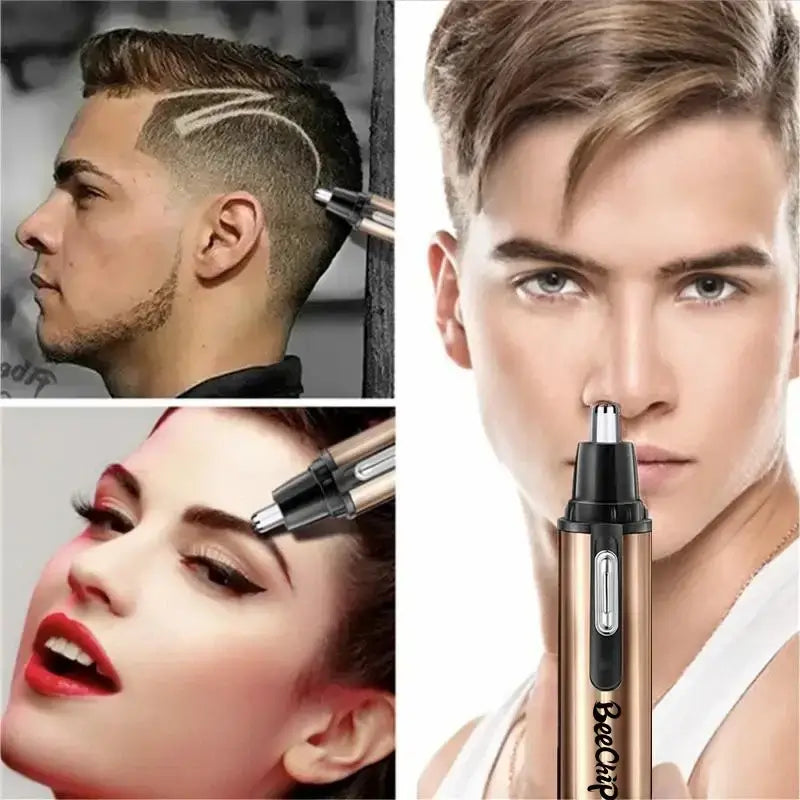 Collage showcasing three individuals using the Nose Hair Trimmer, Nose Hair Shaver, Ear And Nose Hair Trimme: a man with a side part hairstyle, a woman shaping her eyebrows, and another man using the stainless steel knife head for trimming. The tool is prominently featured in each image.