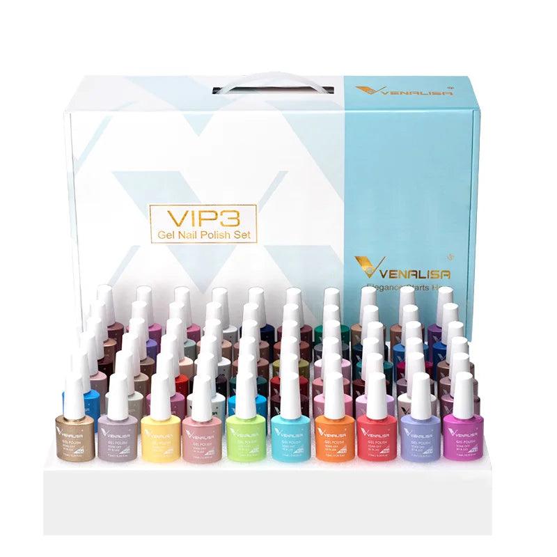 A display of a professional-grade Gel Nail Polish Nail Art Kit Long-lasting Varnish by Venalisa, featuring 60 salon-quality manicure bottles in assorted colors, arranged neatly in rows in front of a branded box.