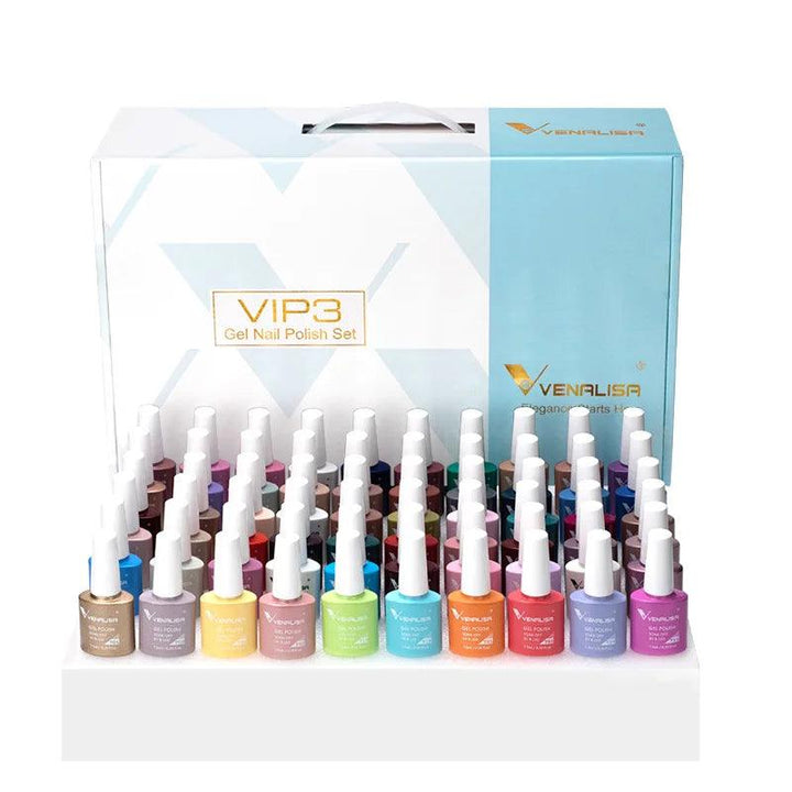 A display of a professional-grade Gel Nail Polish Nail Art Kit Long-lasting Varnish by Venalisa, featuring 60 salon-quality manicure bottles in assorted colors, arranged neatly in rows in front of a branded box.