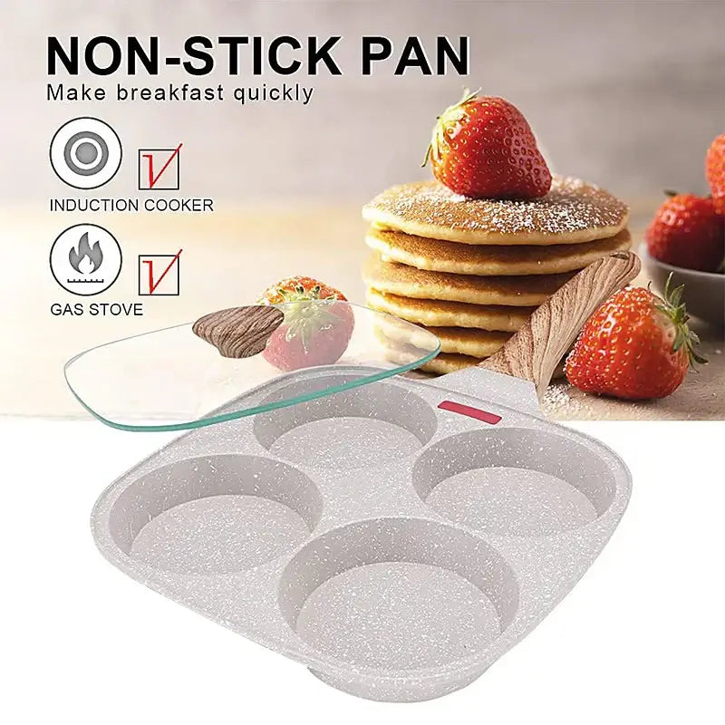 Non-Stick Egg Frying Pan with four holes for cooking eggs, burgers, and more, suitable for gas and induction stoves.