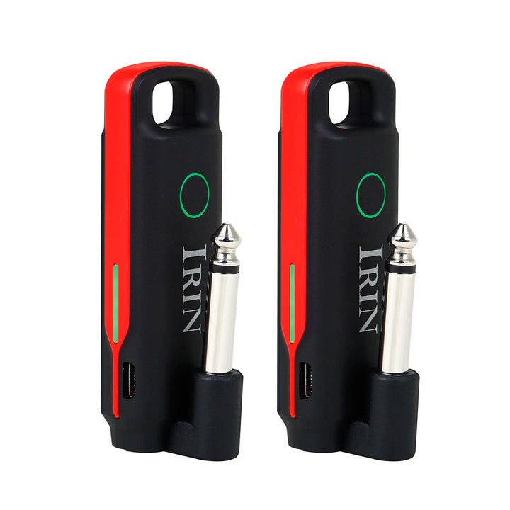 The "Wireless Guitar System, Rechargeable Guitar Transmitter, Electric Guitar Bass Wireless Receiver" includes two black and red transmitters prominently featuring the "IRIN" logo. These transmitters deliver high-quality sound with their 1/4-inch plugs, circular green indicators, and USB charging ports on the side.