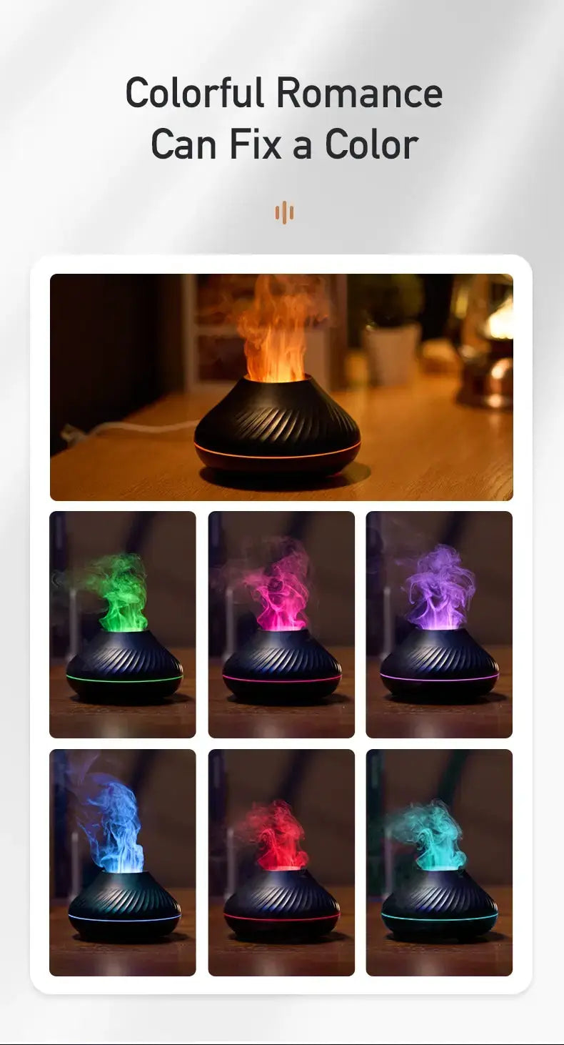 Flame aromatherapy humidifier with colorful mist options for creating a serene and atmospheric environment in small spaces.