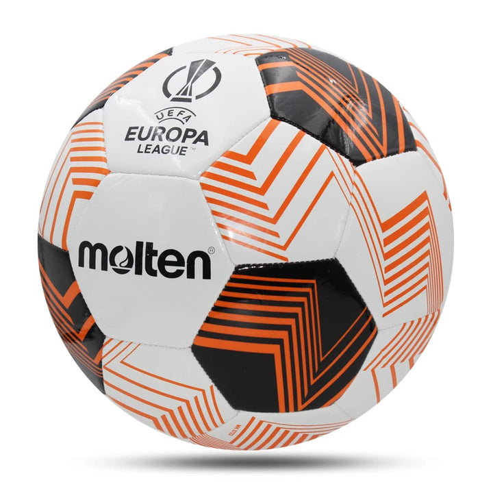 The Molten Soccerball, Official Size 5 Football Outdoor Training ball features a striking geometric pattern with vibrant orange and black shapes on a sleek white background. It's perfect for training matches and prominently displays the words "UEFA Europa League" alongside "molten.