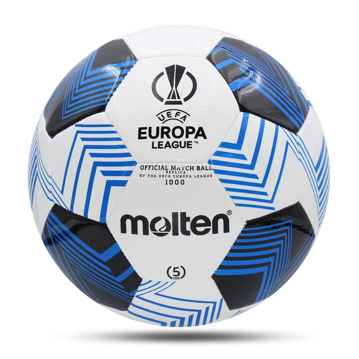 This Molten soccer ball, labeled as the Official Size 5 Football for outdoor training, features the UEFA Europa League logo alongside an eye-catching chevron pattern in blue, black, and white, combining style and precision on the field.