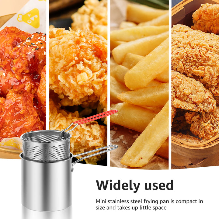 Mini stainless steel deep fryer pot with frying basket, perfect for cooking crispy chicken and fries.