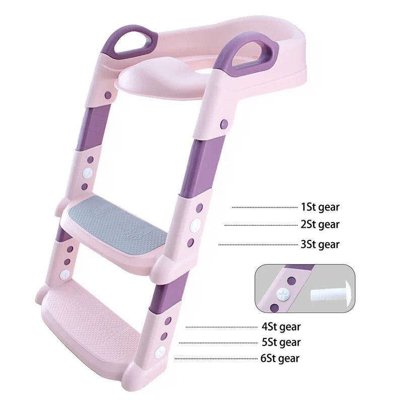 This foldable foot stool, designed for children's toilet training, comes in pink and purple with three steps and six adjustable height settings. The textured surfaces on the steps provide grip, making it an ideal choice for potty training.