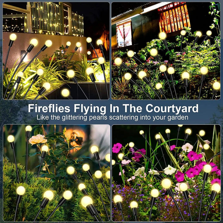 The solar garden lights with warm white LED bulbs create an enchanting scene reminiscent of fireflies glowing among plants and flowers in four images. These outdoor solar lights, often described as "glittering pearls," transform your space into a magical haven with their warm atmosphere.