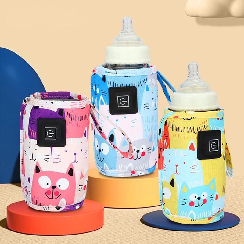 Three baby bottles adorned with vibrant cat-themed covers are beautifully arranged on round platforms. Each cover showcases unique cat illustrations in hues of pink, blue, and yellow, highlighted by visible straps and logos. Ideal for use with the Milk Water Warmer, Travel Stroller Insulated Bag, Portable Feeding Warmer, they make feeding both enjoyable and convenient.