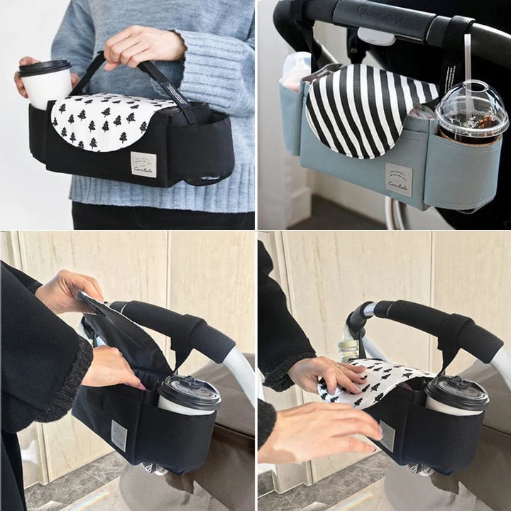 Collage of two "Stroller bag organizers" made from durable nylon fabric. Top left: Black organizer, featuring a cup holder and a patterned flap. Top right: Gray organizer with striped flap, showcasing its ability to hold a drink. Bottom left: Hand accessing the ample storage space of the black organizer. Bottom right: "Attachment to stroller with snacks" using the versatile portable travel storage for carriages.