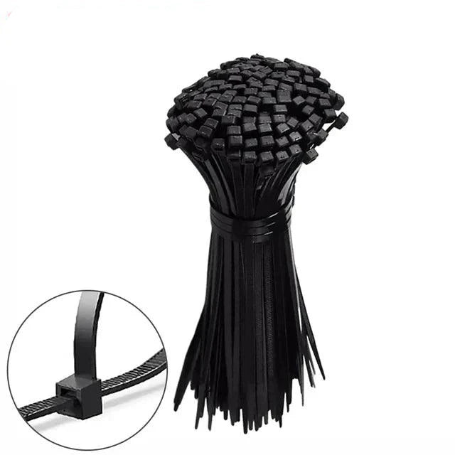 A large bundle of Nylon Cable Ties Adjustable Self-locking Cord Ties Wire Management is arranged neatly, standing upright. An inset image shows a close-up of a single self-locking cord tie secured in a loop, ideal for efficient wire organization.