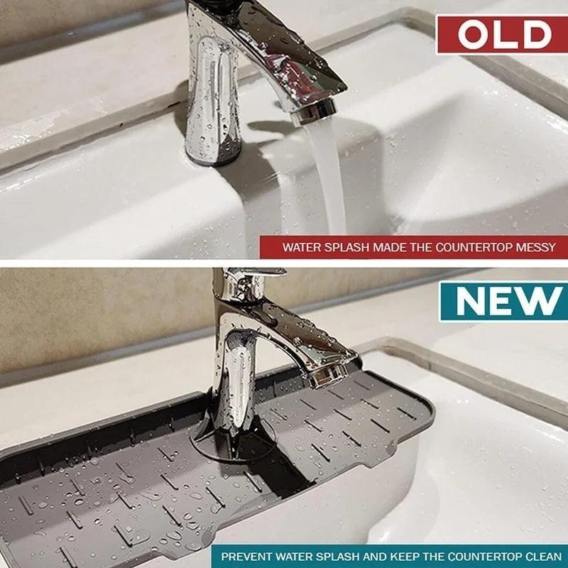 A comparison of two faucet setups. The top image, labeled "OLD," shows water splashing onto a countertop. The bottom image, labeled "NEW," showcases the eco-friendly Faucet Guard Kitchen Mat for kitchen sinks under the faucet, effectively minimizing mess.