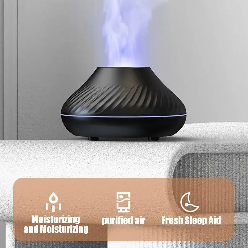 Nordic desktop flame aromatherapy humidifier with high fog output and quiet operation, ideal for small spaces and promoting purified air.