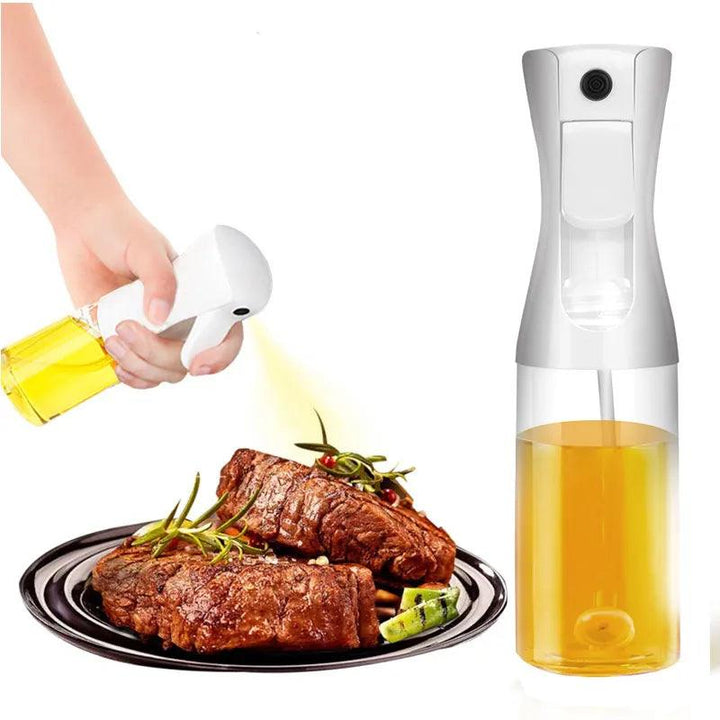 A hand skillfully uses the Oil Spray Bottle - Kitchen BBQ Cooking Olive Oil Dispenser to evenly coat grilled steaks on a black plate. The transparent bottle, topped with white, ensures perfect coverage. Garnished with rosemary and accompanied by vibrant vegetables, the steaks look tantalizing and delicious.